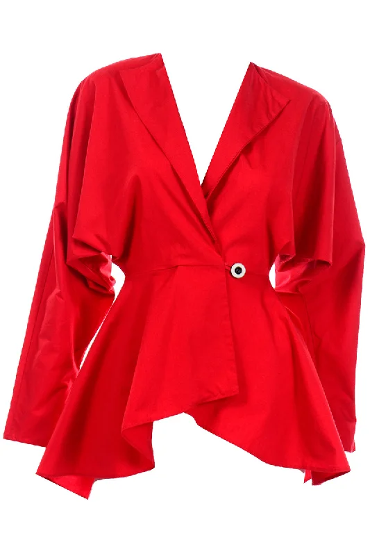 1980s Norma Kamali Red Cotton Cinched Waist Peplum Jacket Faux Fur Fabric Real Fur Fabric Shearling Fabric 1980s Norma Kamali Red Cotton Cinched Waist Peplum Jacket Faux Fur Fabric Real Fur Fabric Shearling Fabric