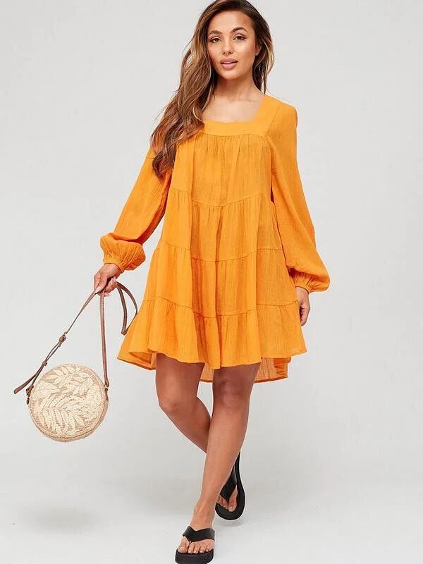 Orange Long Sleeve Square Neck Tiered Beach Mini Dress Size 12 **** V546 Cozy Wraparound Mini Dress Orange Long Sleeve Square Neck Tiered Beach Mini Dress Size 12 **** V546 Cozy Wraparound Mini Dress