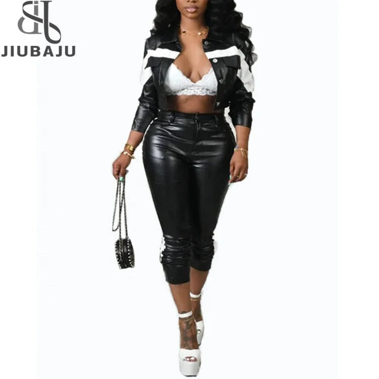 Patchwork PU Leather Two Piece Set Long Sleeve Single-breastedJackets Crop Top Skinny Pencil Pants Tiered Jacket Buttoned Jacket Zippered Jacket Patchwork PU Leather Two Piece Set Long Sleeve Single-breastedJackets Crop Top Skinny Pencil Pants Tiered Jacket Buttoned Jacket Zippered Jacket
