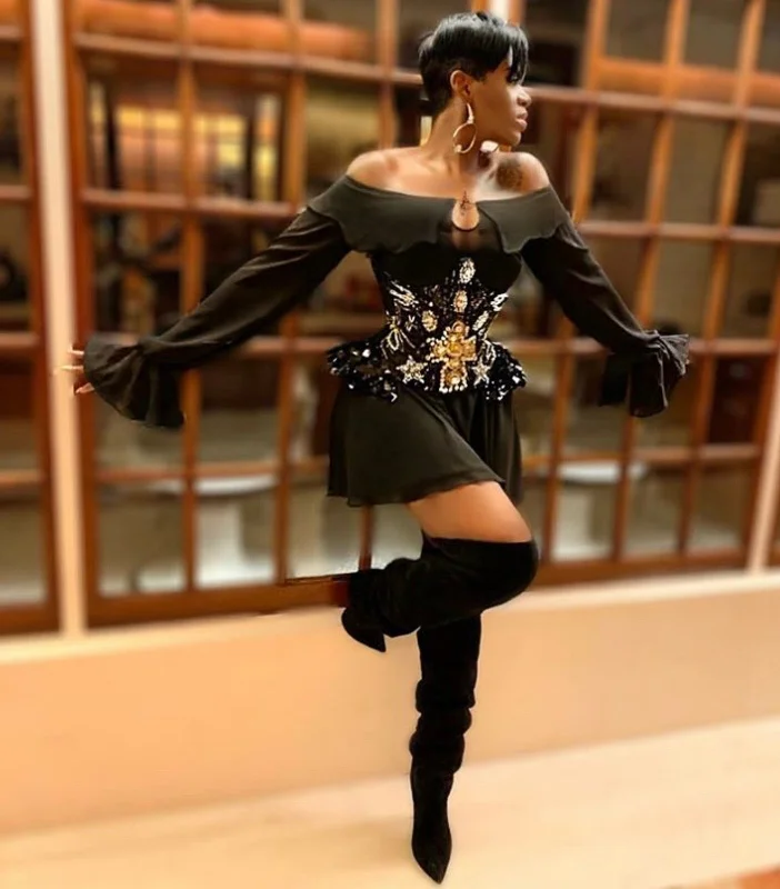 Pajtim Raci Little Black Mini Dress with Belt as worn by Fantasia Modern Satin Mini Dress Pajtim Raci Little Black Mini Dress with Belt as worn by Fantasia Modern Satin Mini Dress