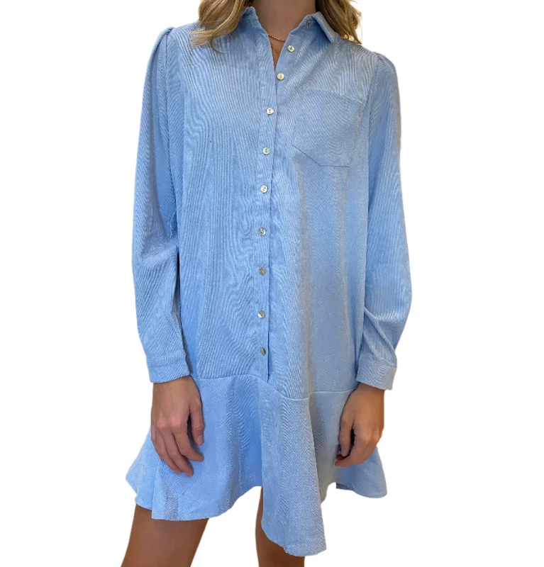 Corduroy Button Down Mini Dress - Baby Blue Comfortable Wrap Mini Dress