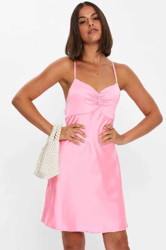 Pink Strappy Satin Slip Mini Dress Cozy Wraparound Mini Dress
