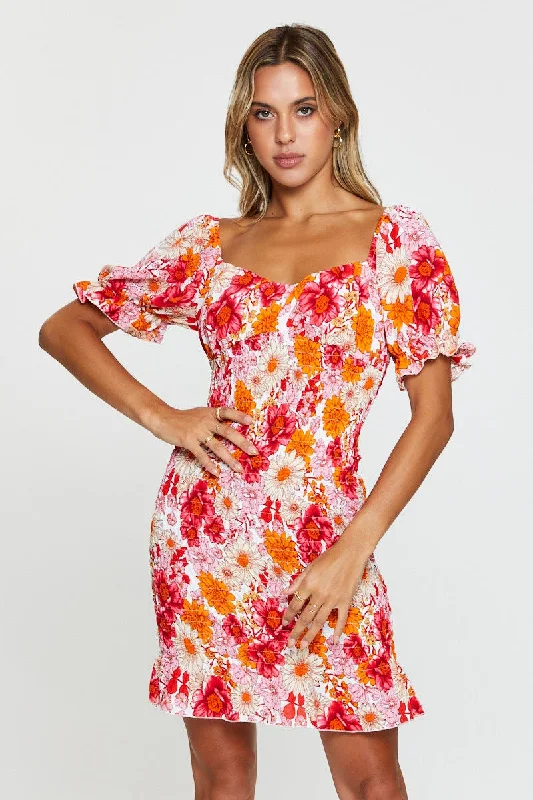 Print Mini Dress Short Sleeve Stylish Floral Print Mini Dress