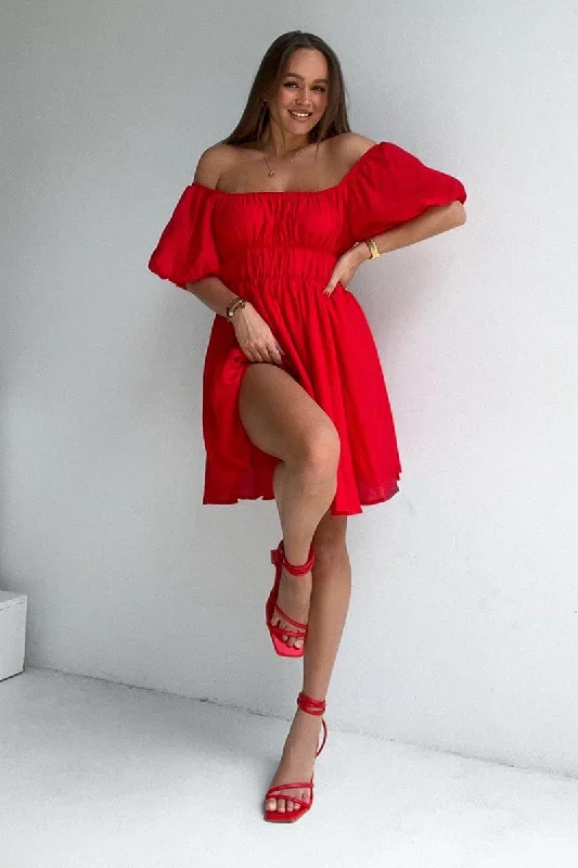 Red Mini Dress Fit & Flare Off Shoulder Stylish Sweetheart Neck Mini Dress