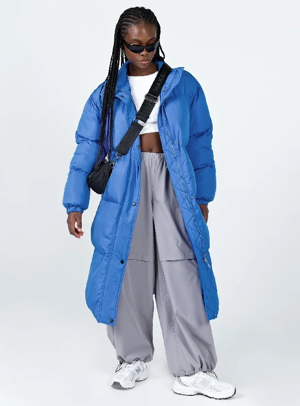 Sanni Longline Puffer Jacket Blue A-Line Jacket Boat Neck Shawl Collar