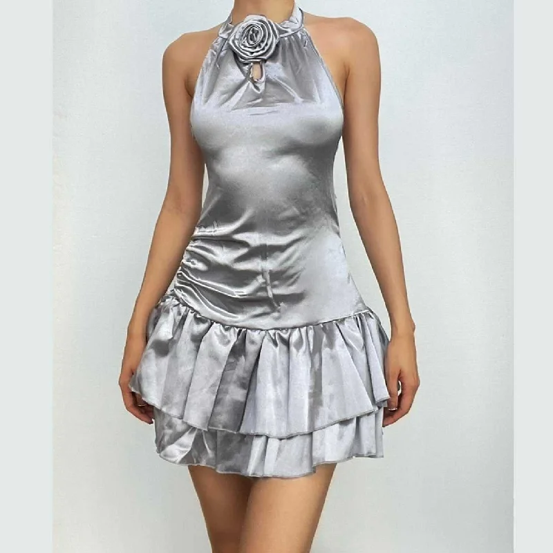 Satin zip-up halter backless ruched flower applique mini dress Stylish Sweetheart Neck Mini Dress Satin zip-up halter backless ruched flower applique mini dress Stylish Sweetheart Neck Mini Dress
