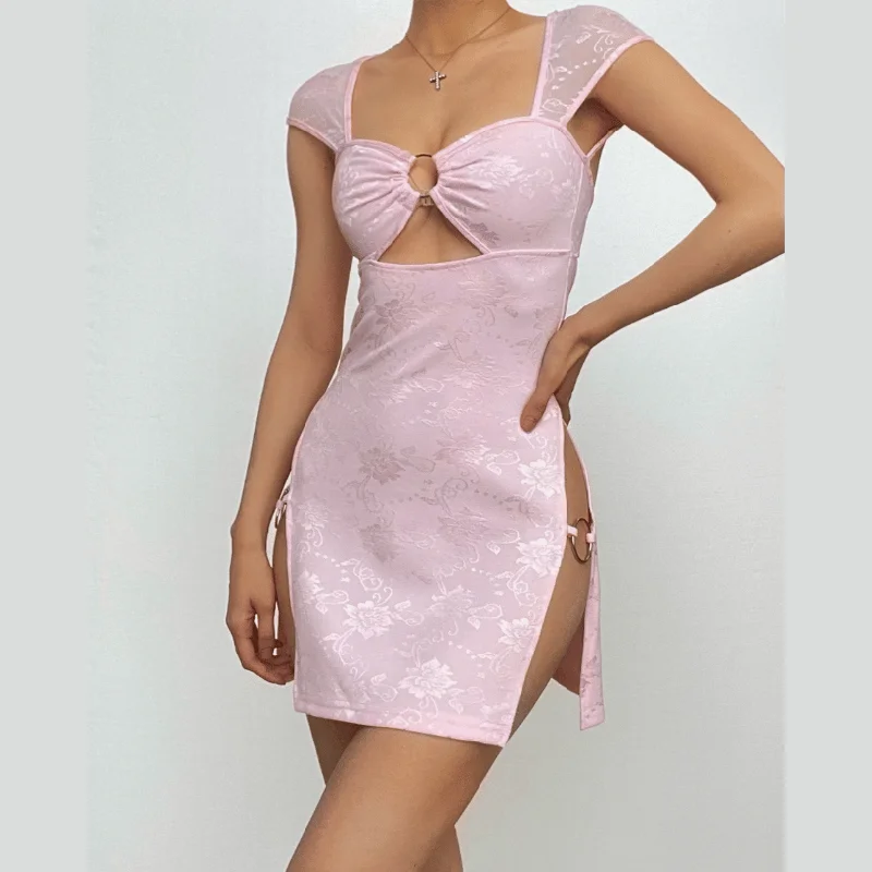 Short sleeve o ring high slit ruched hollow out cut out mini dress- Final Sale Fashionable Summer Mini Dress Short sleeve o ring high slit ruched hollow out cut out mini dress- Final Sale Fashionable Summer Mini Dress