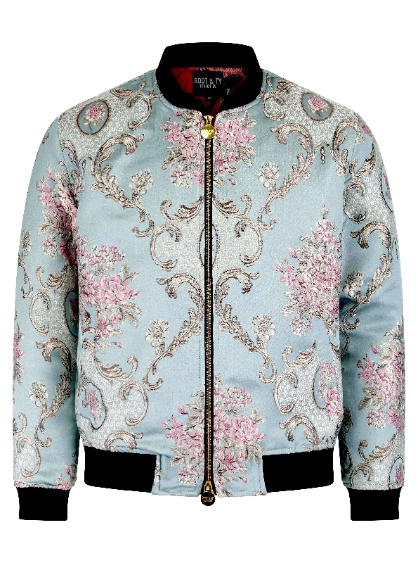 Soot and Ty Blue Baroque Jacquard Unisex Bomber Jacket Insulated Jacket Fitted Jacket Loose Jacket