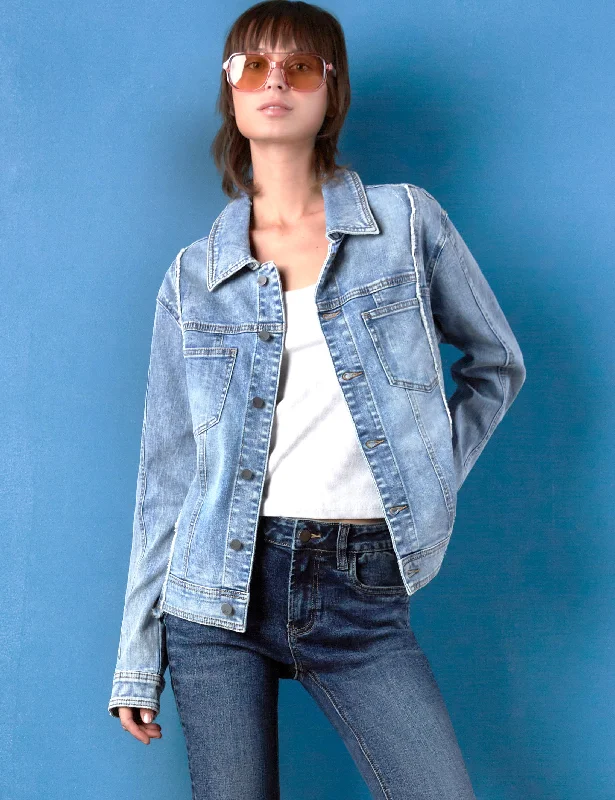 Split Denim Jacket Welt Pockets Slit Pockets Flap Pockets
