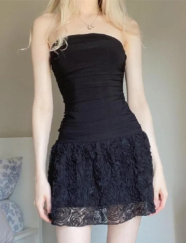 Strapless Flower Lace Pure Desire Pleated Vintage Mini Dress Trendy Floral Mini Dress