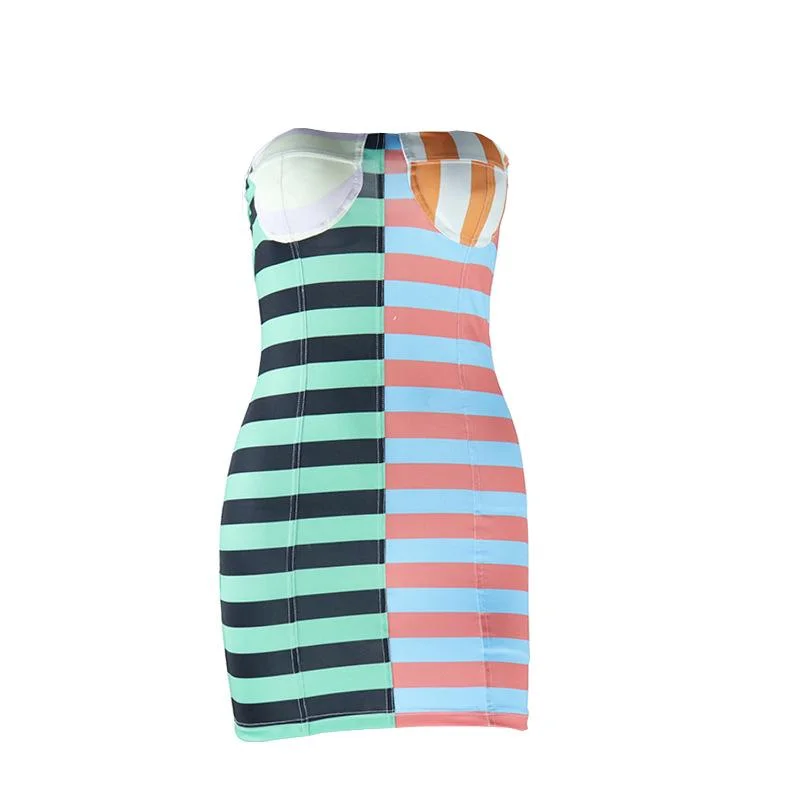 Striped print padded stitch contrast tube mini dress Comfortable Boho Mini Dress