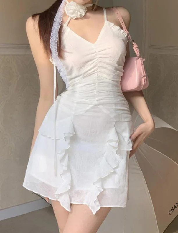 Summer Flower Decor Ruffle Wedding Guest Mini Dress Elegant Off-Shoulder Dress Mini