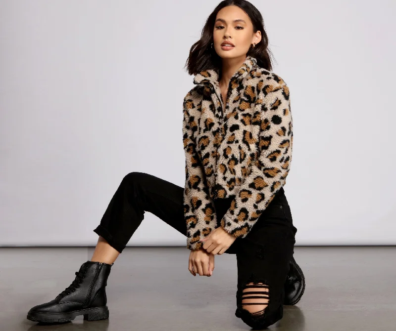 Trendy Girl Leopard Print Bomber Jacket Zip Front Button Front Snap Front