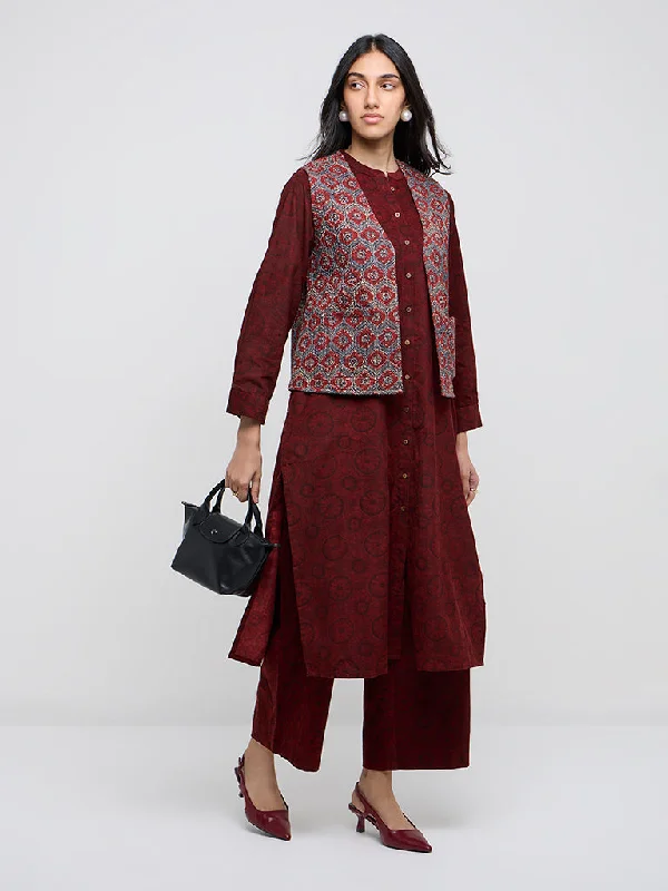 Utsa Red Quilted Cotton Jacket Boat Neck Shawl Collar Notched Collar
