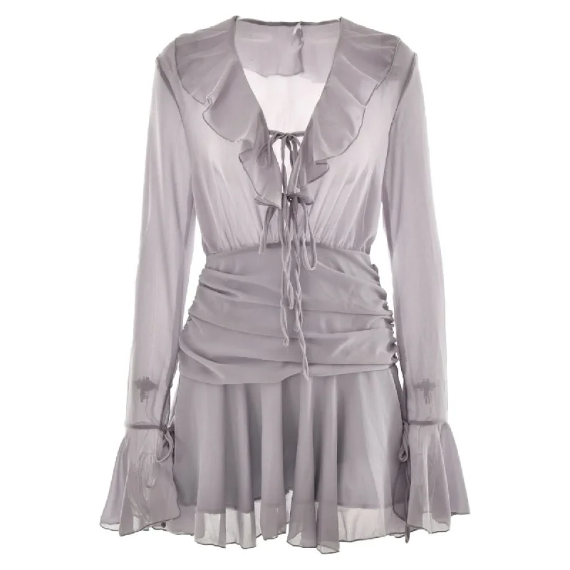 V neck long sleeve chiffon ruched ruffle mini dress Trendy Camisole Mini Dress
