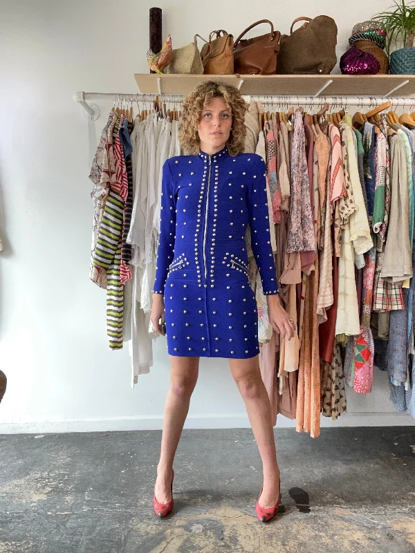 Vintage Tadashi Royal Blue Mini Dress with Silver Studs Trendy Wraparound Mini Dress