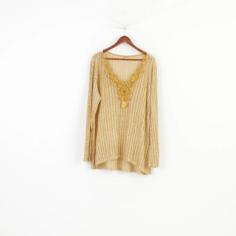 Vintage Women 4XL Shirt  V Neck Yellow Boho Lace Collar Big Size Thin Jumper Vintage Long Sleeve Cotton Top High Neck Crew Neck V-Neck