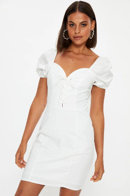 White Lace Up Detail Off Shoulder Bodycon Mini Dress Comfortable Fit-and-Flare Mini Dress
