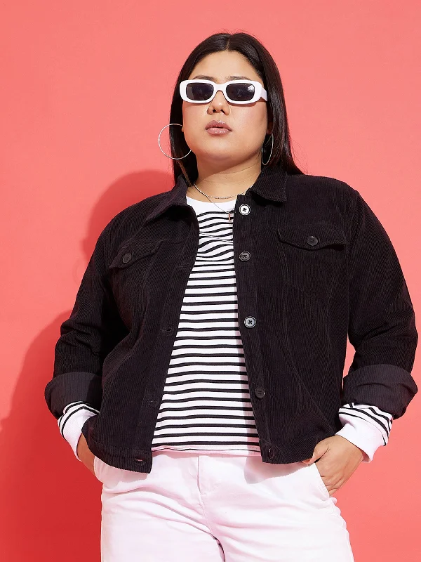 Women Black Corduroy Button Jacket Notch Collar Jacket Peter Pan Collar Jacket Cowl Neck Jacket