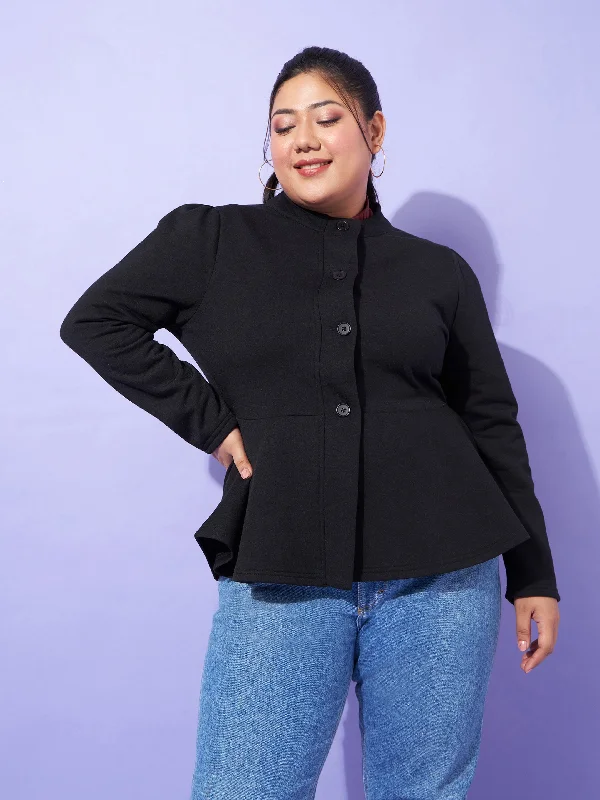 Women Black Fleece Button Peplum Jacket Tailored Jacket Straight Jacket A-Line Jacket Women Black Fleece Button Peplum Jacket Tailored Jacket Straight Jacket A-Line Jacket