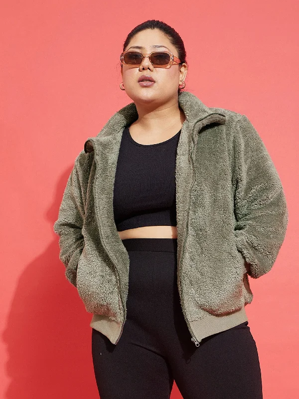 Women Grey Fur Metal Zipper Jacket Zip Front Button Front Snap Front