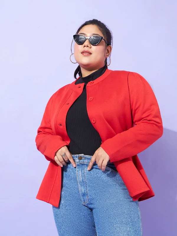 Women Red Fleece Button Peplum Jacket Notch Collar Peter Pan Collar Cowl Neck