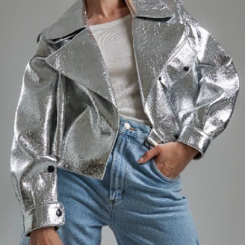 Vireous Women's Glam Shimmering Silver Retro Leather Jacket Chenille Jacket Brocade Jacket Lace Jacket Vireous Women's Glam Shimmering Silver Retro Leather Jacket Chenille Jacket Brocade Jacket Lace Jacket