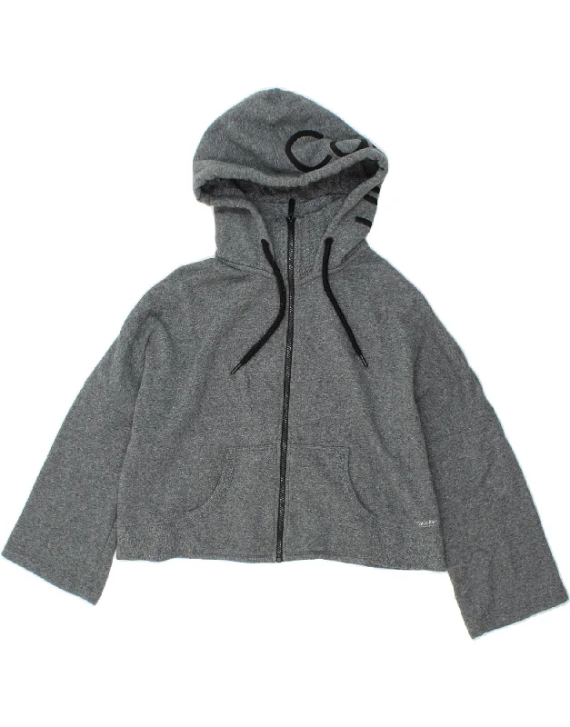 CALVIN KLEIN Womens Crop Graphic Zip Hoodie Sweater UK 14 Medium Grey Zip Hoodie Drawstring Kangaroo Pocket CALVIN KLEIN Womens Crop Graphic Zip Hoodie Sweater UK 14 Medium Grey Zip Hoodie Drawstring Kangaroo Pocket