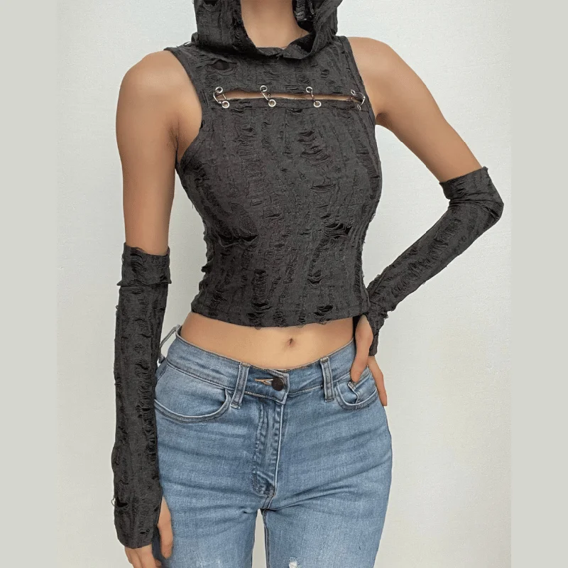 Gloves textured sleeveless solid hoodie o ring crop top Hoodie with Hem Detail Decorative Unique Gloves textured sleeveless solid hoodie o ring crop top Hoodie with Hem Detail Decorative Unique