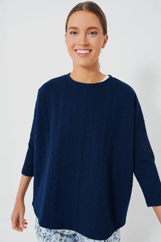 Navy Cable Ally Swing Sweatshirt Hoodie with Hem Elastic Stretchable Comfortable
