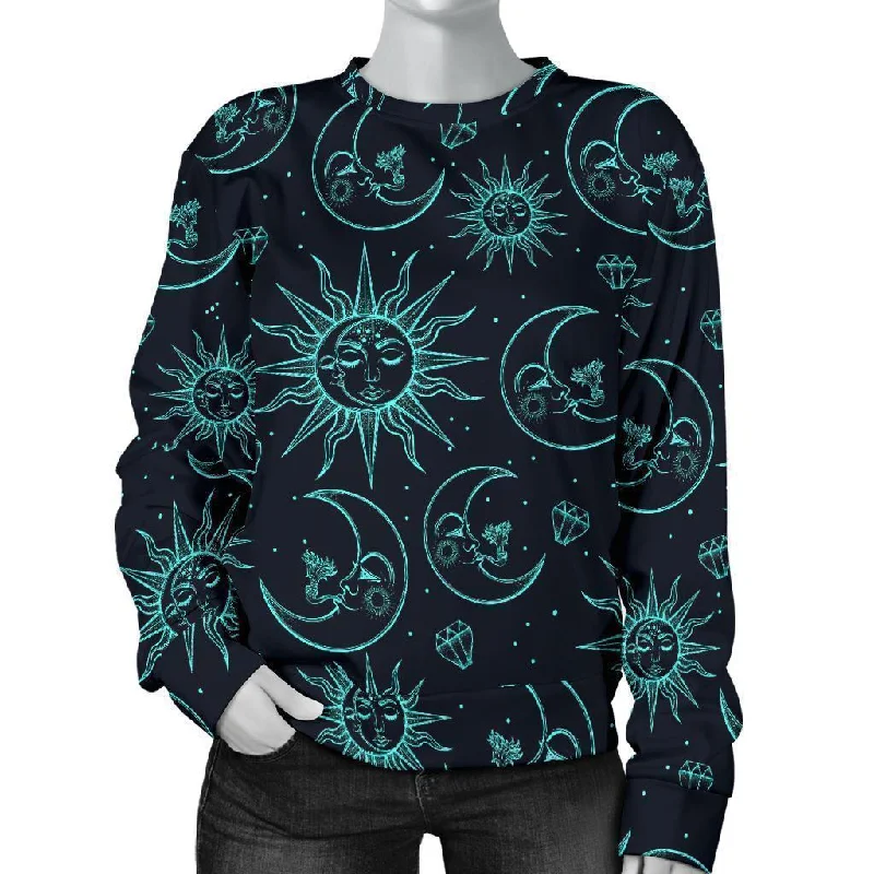 Sun Moon Print Pattern Women's Sweatshirt Hoodie with Stripes Bold Sporty