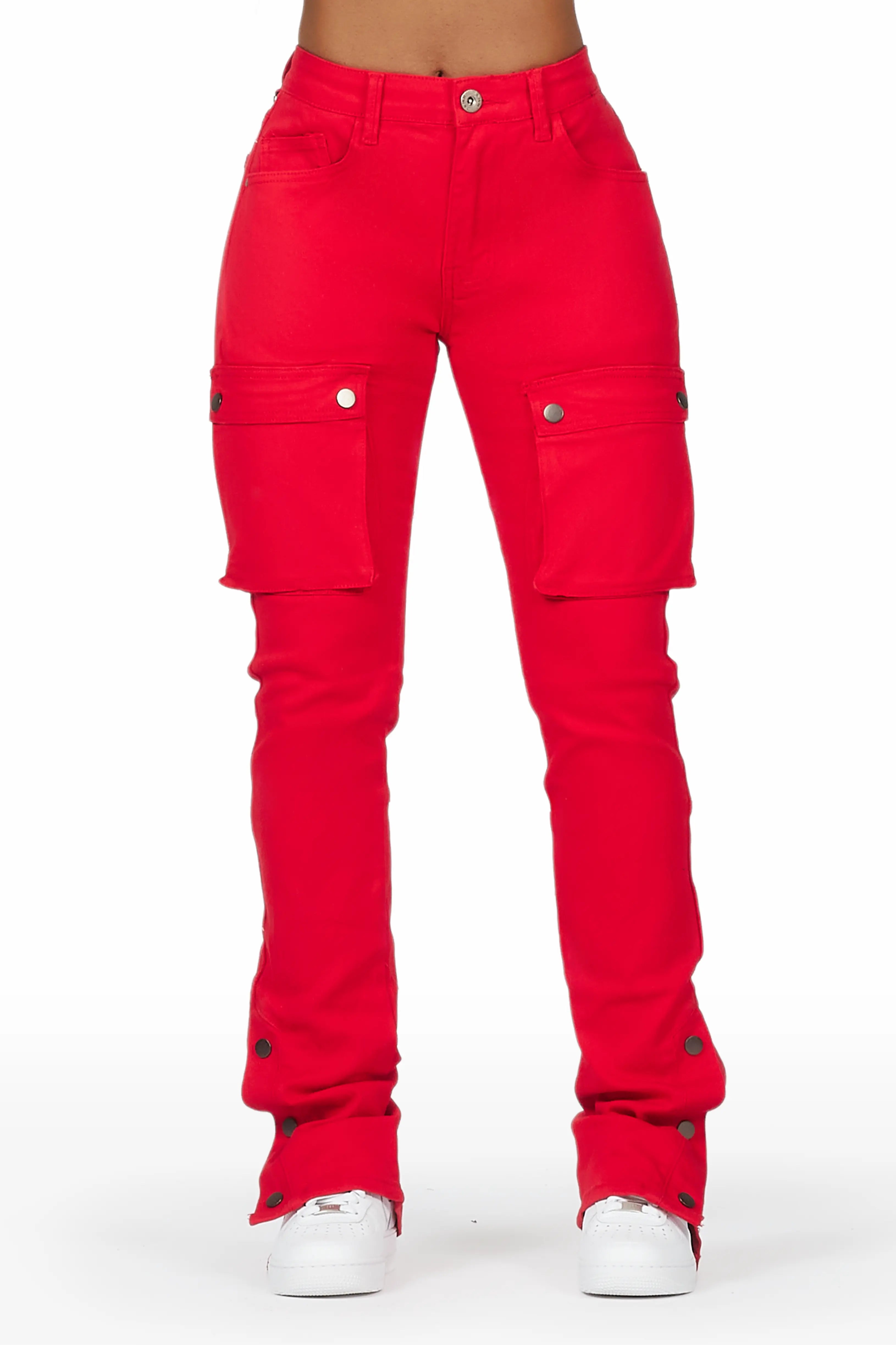 Kathryn Red Stacked Flare Jean Trendy Bootcut High-Waisted Jeans