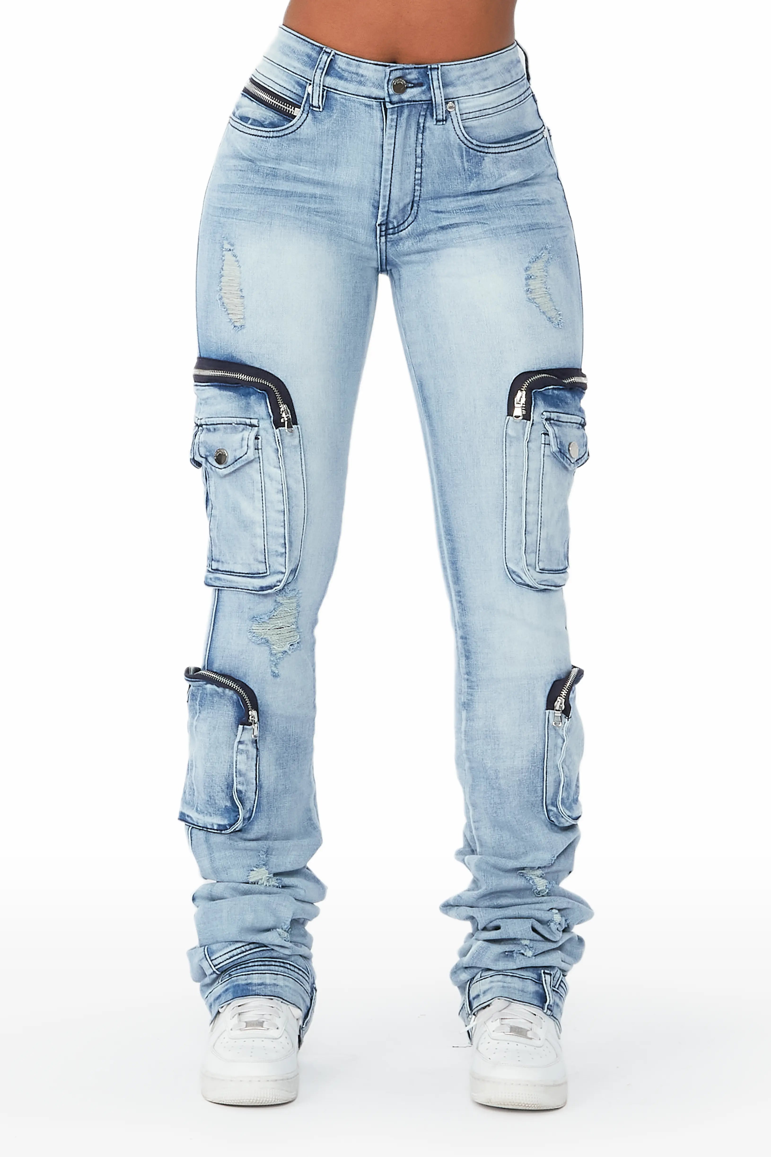 Alisson Light Wash Cargo Super Stacked Jean Comfortable Zip-Up Skinny Jeans