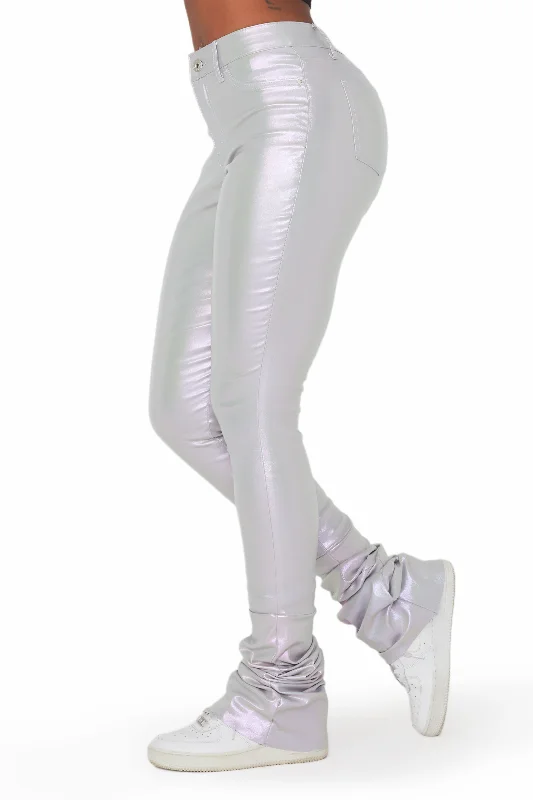 Zaniyah Metallic Silver PU Super Stacked Pant Cozy Maternity Pants