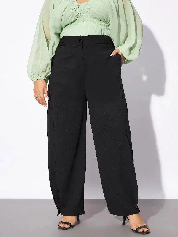 Women Black Hem Button Detail Straight Pants Modern Bootcut Pants
