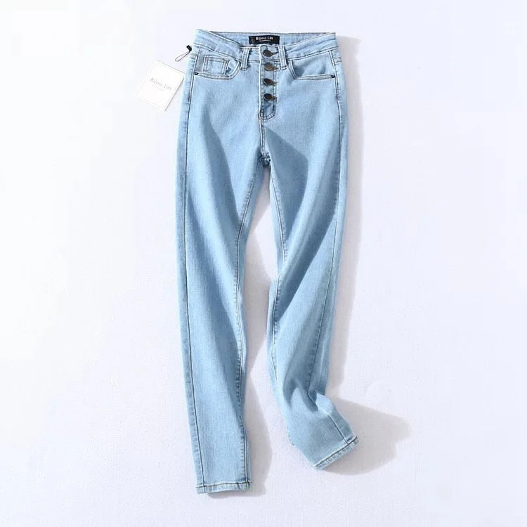 Vintage Skinny Four Buttons High Waist Pencil Jeans Women Slim Fit Stretch Denim Chic Rip-Detail High-Waist Jeans