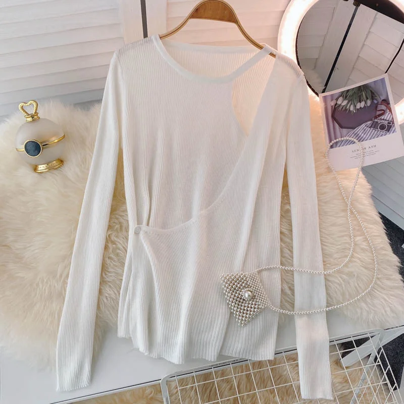 Autumn design sense small crowd mind hollowed out sweater women  1587 Cable Knit Ribbed Knit Lace Knit