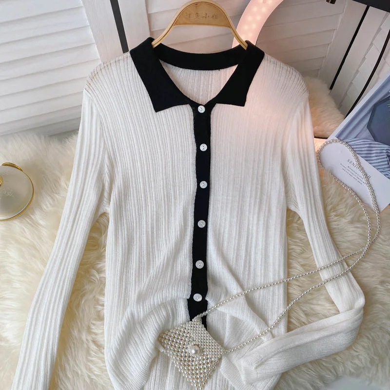Autumn new single breasted polo collar contrast long sleeve sweater 1591 Jersey Fabric Tulle Fabric Batik Fabric Autumn new single breasted polo collar contrast long sleeve sweater 1591 Jersey Fabric Tulle Fabric Batik Fabric