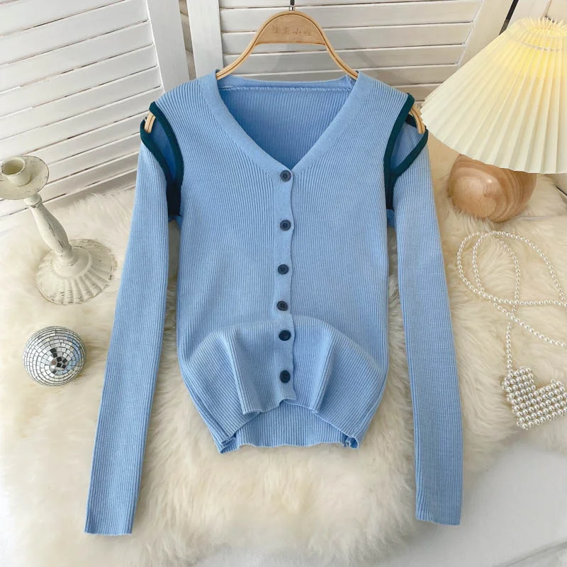 Autumn V-neck slim fit contrast color temperament sweater  1585 Solid Color Striped Floral Print