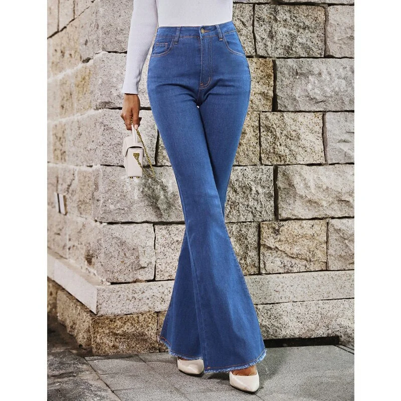 Women's Raw Hem Flare Jeans Trendy Low-Rise Slim Jeans