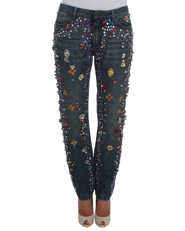 Dolce & Gabbana  Women's Embellished Jeans Trendy Wide-Leg High-Waist Denim
