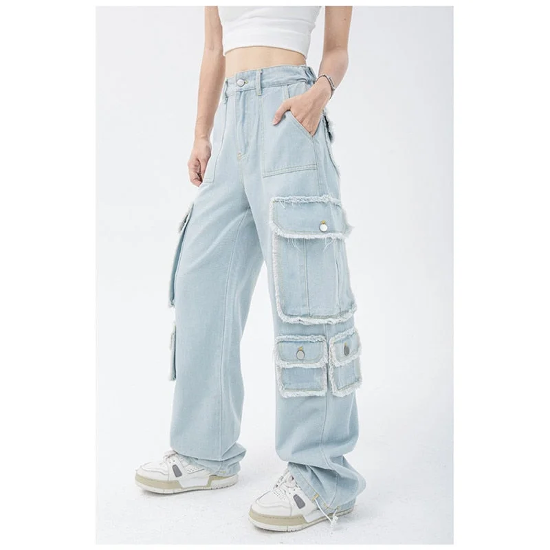 Blue Women Straight Cargo Jeans High Waist American Streetwear Chic Ripped Jeans
