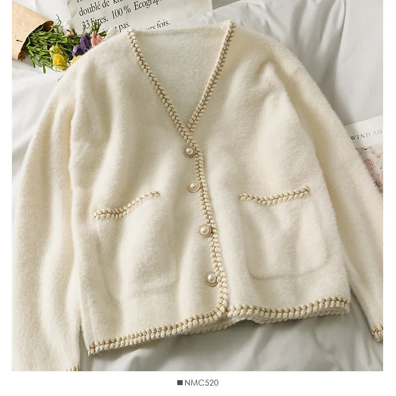 Bright silk bonded single breasted V-Neck long sleeve sweater coat  1699 Cashmere Blend Cotton Blend Poly Blend