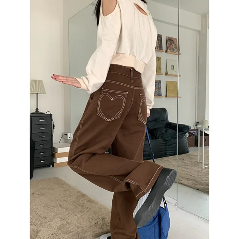 Brown Women Jeans High Waist Vintage Straight Baggy Denim Pants Casual Distressed Skinny Jeans