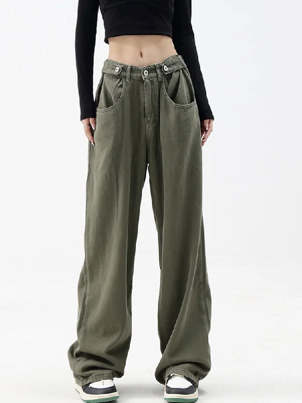 Casual Autumn Women Long Jeans Trousers High Waist Pockets Loose Female Comfortable Faded High-Rise Jeans