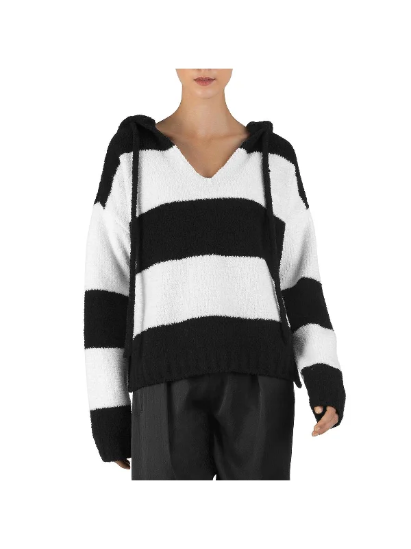 Chenille  Womens Striped Hoodie V-Neck Sweater Terry Terry Cloth Terry Knit