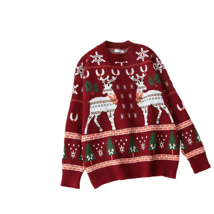 Christmas snowflake deer jacquard knit, fall/winter round neck loose bottom sweater, pullover sweater 1415 Chenille Fabric Brocade Fabric Lace Fabric Christmas snowflake deer jacquard knit, fall/winter round neck loose bottom sweater, pullover sweater 1415 Chenille Fabric Brocade Fabric Lace Fabric