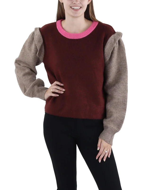 Colorblock Womens Ribbed Mock Neck Pullover Sweater Toggled Drawstring Belted