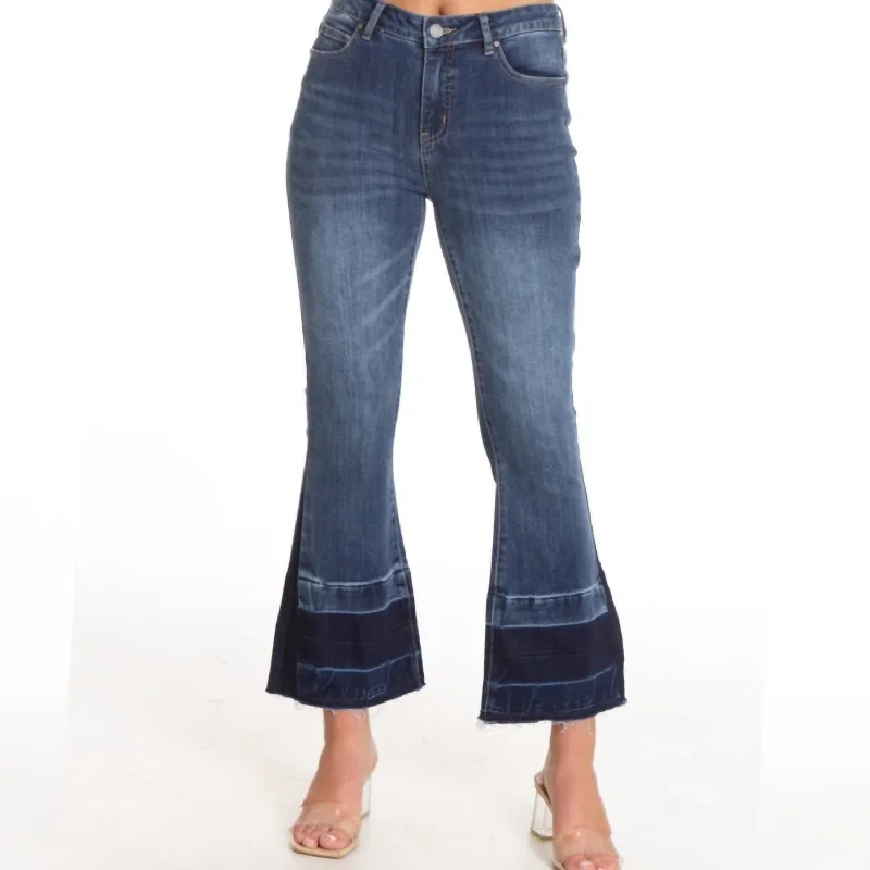 Crop 2 Tone Jean In Medium Indigo Comfortable Flare Leg Jeans