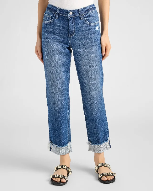 Cuffed Boyfriend Jeans Fashionable Raw Hem Bootcut Jeans
